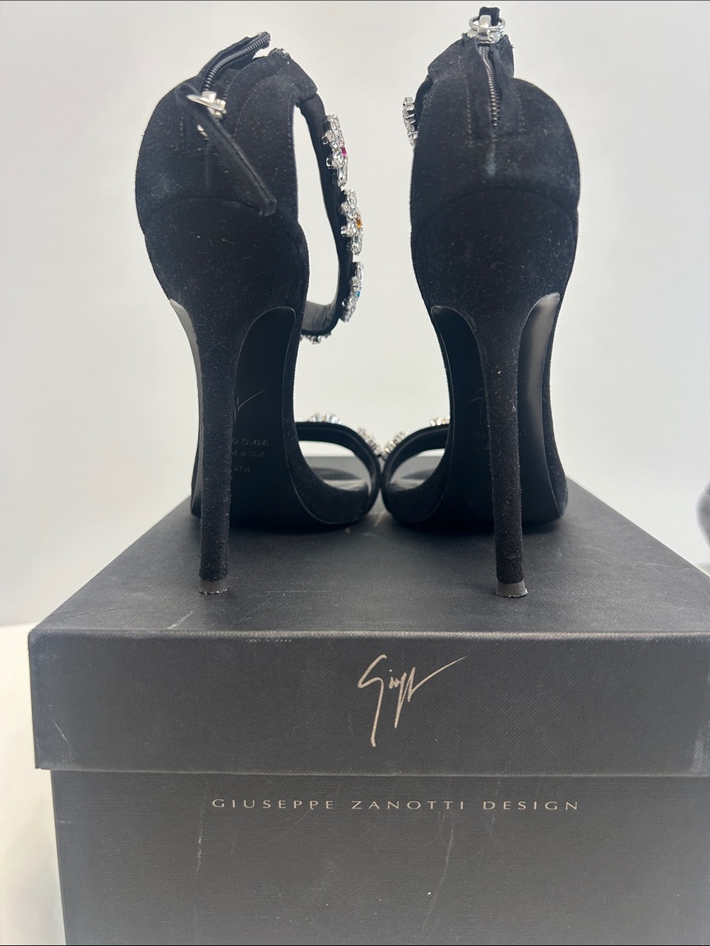 Giuseppe Zanotti Black Satin Crystal Flower Ankle-Strap Heels - Picture 4 of 7